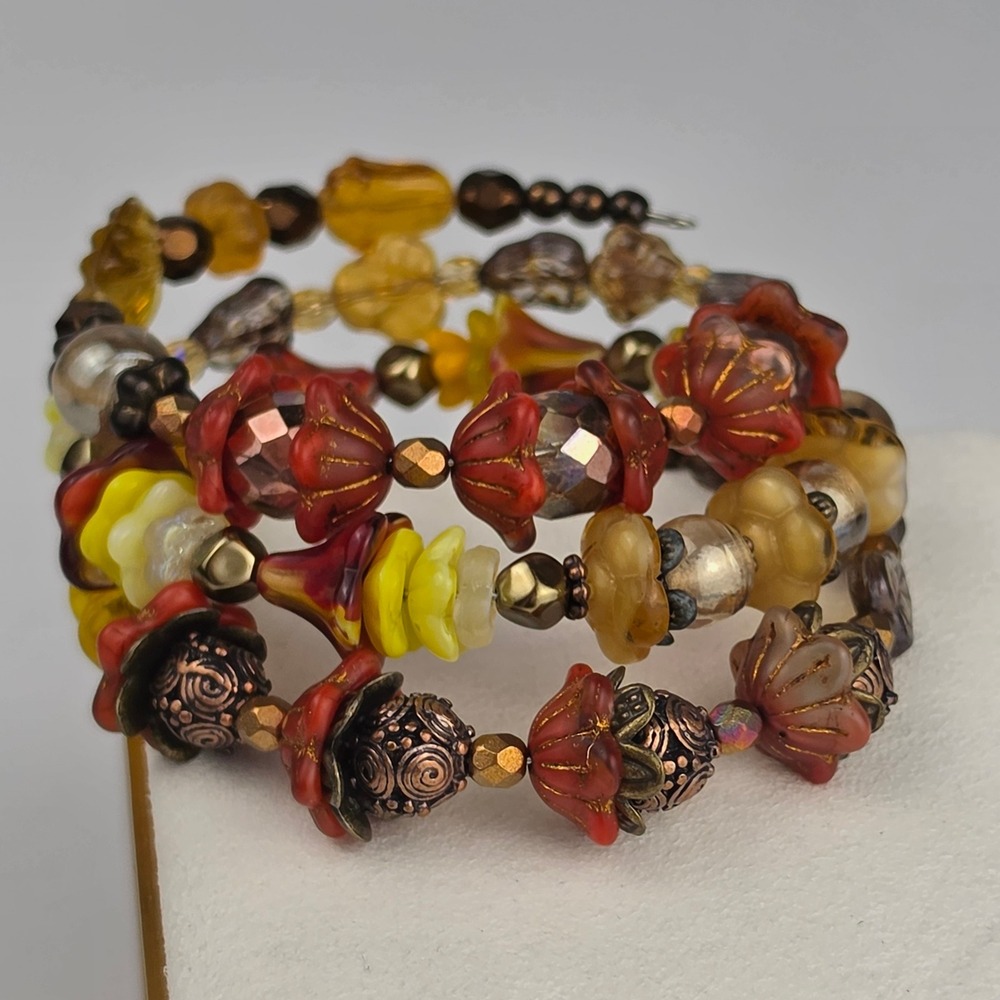 Artisan Czech Glass Flower Copper Filigree Bead Coiled Memory Wire Wrap Bracelet